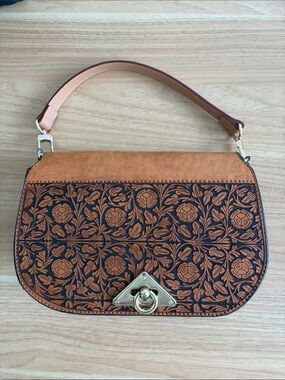 Tan Floral Tooled Shoulder Bag with Gold-Tone Hardware
